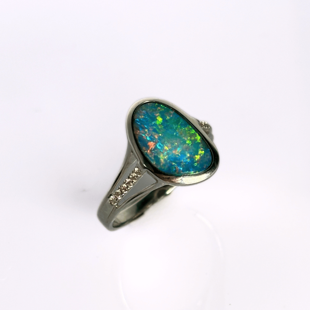 14K White Gold Doublet Opal and Diamond Ring