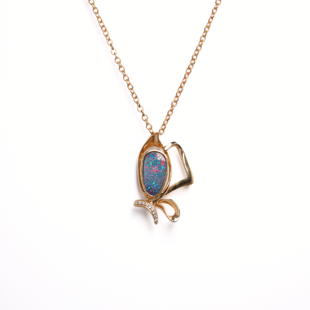 14K Yellow Gold Doublet Opal and Diamond Pendant